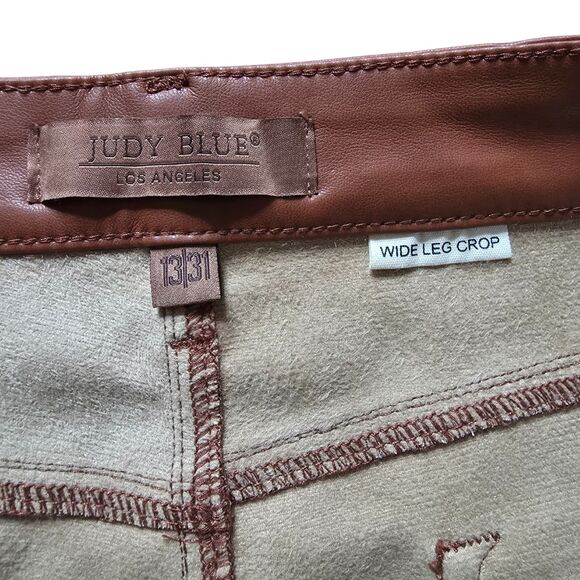 NWT Judy Blue 13/31 Faux Leather Pants Tummy Control Wide Leg Crop Camel Brown - Picture 8 of 14